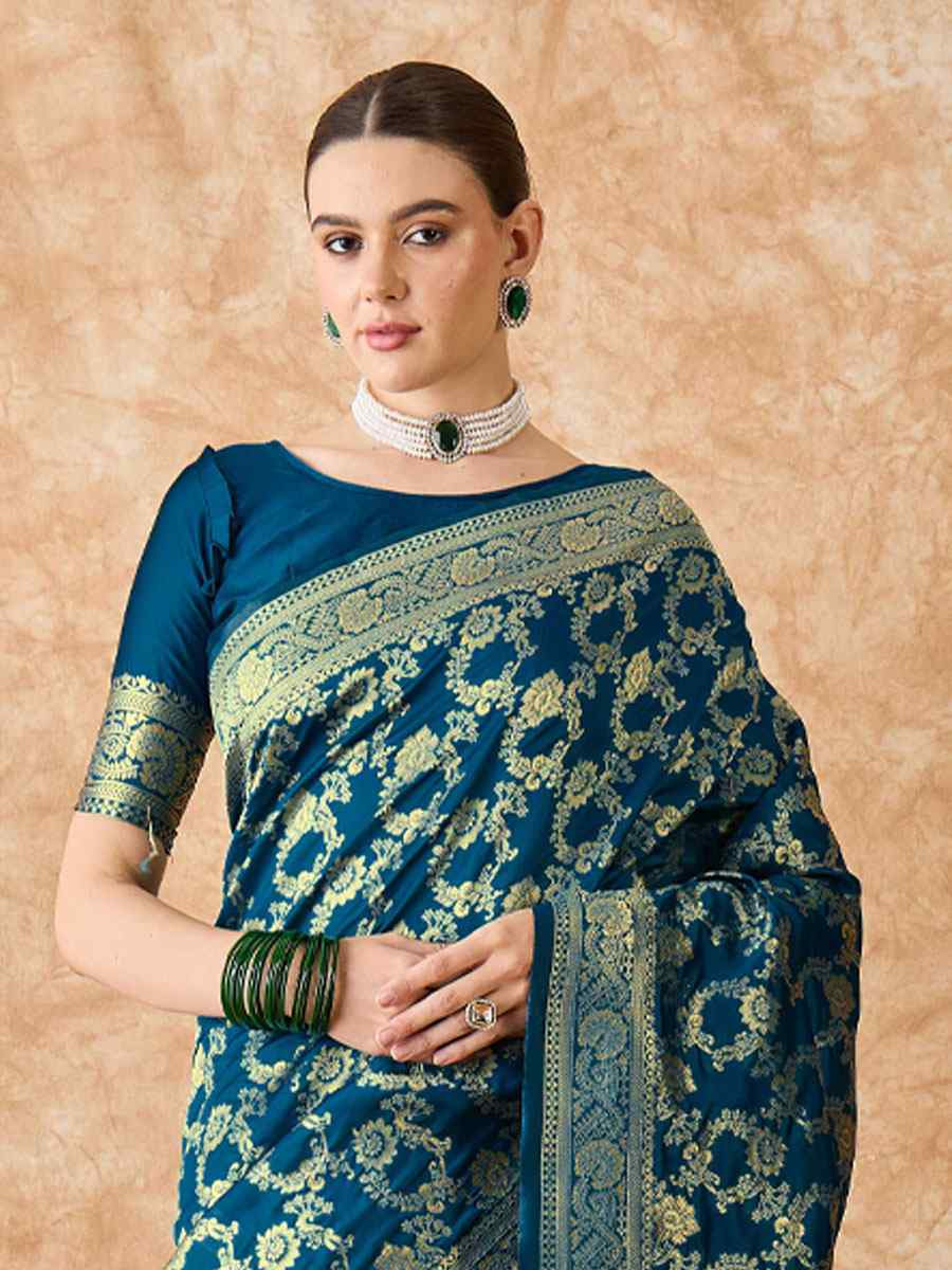 Teal Blue Banarasi Silk Handwoven Bridal Reception Festival Wedding Fancy Heavy Border Sarees