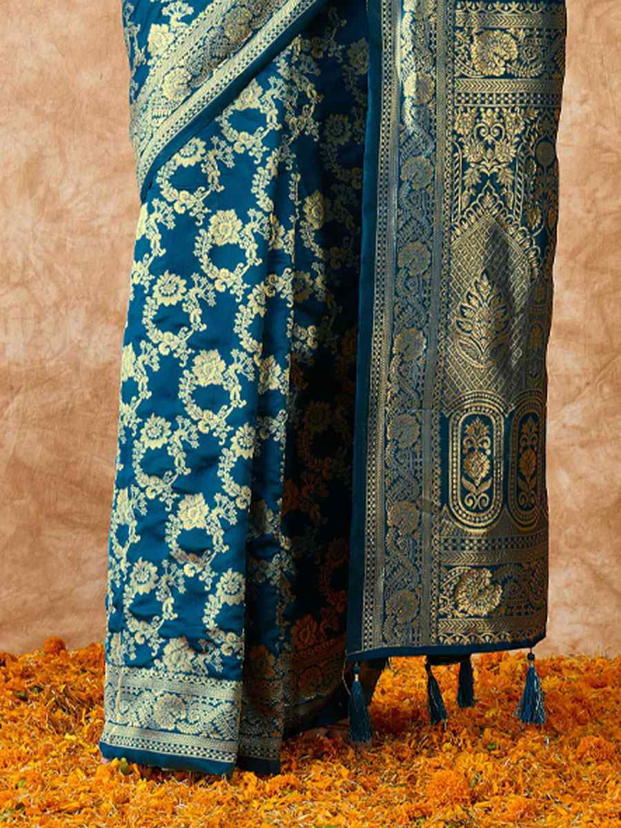 Teal Blue Banarasi Silk Handwoven Bridal Reception Festival Wedding Fancy Heavy Border Sarees