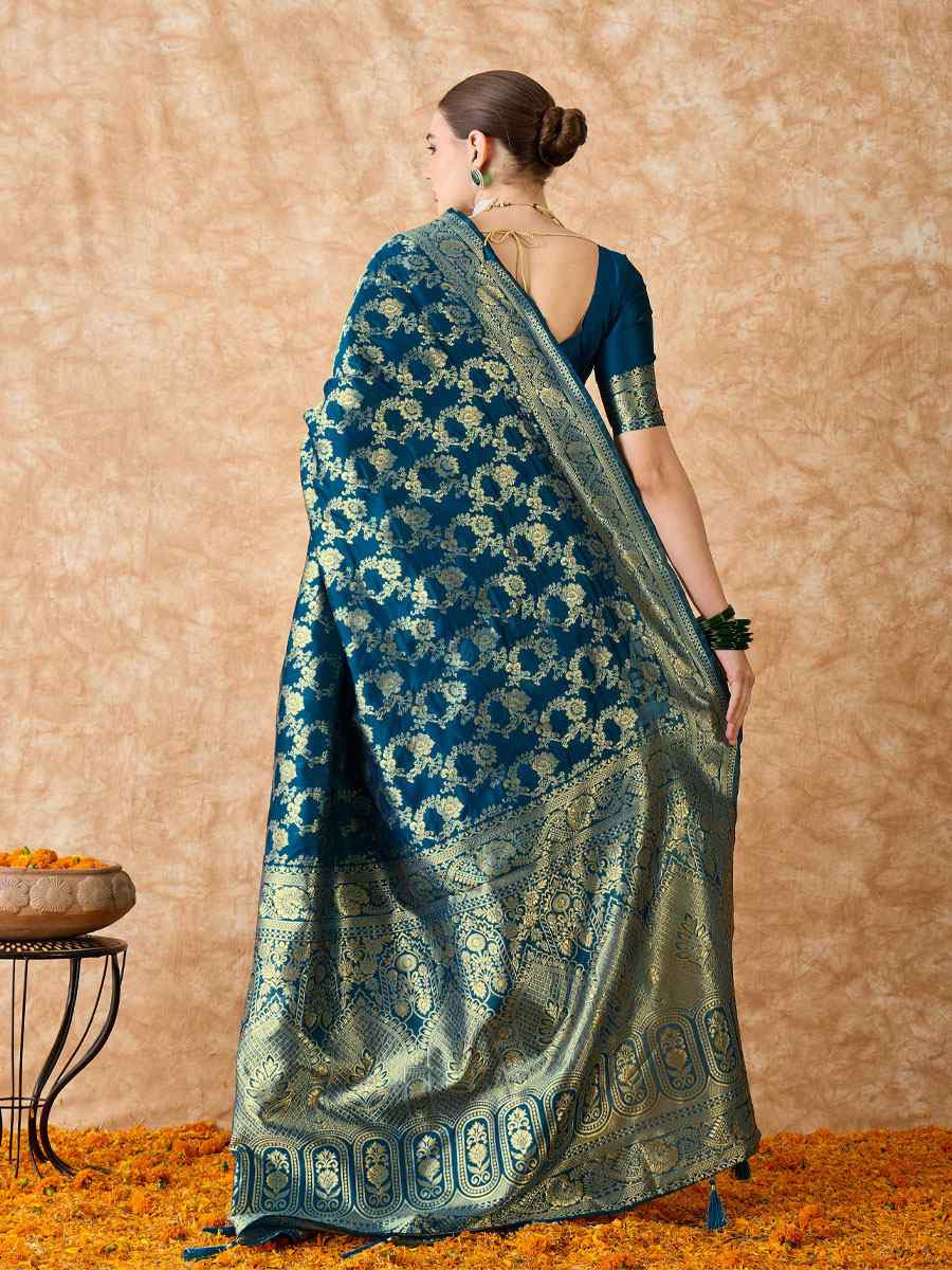 Teal Blue Banarasi Silk Handwoven Bridal Reception Festival Wedding Fancy Heavy Border Sarees