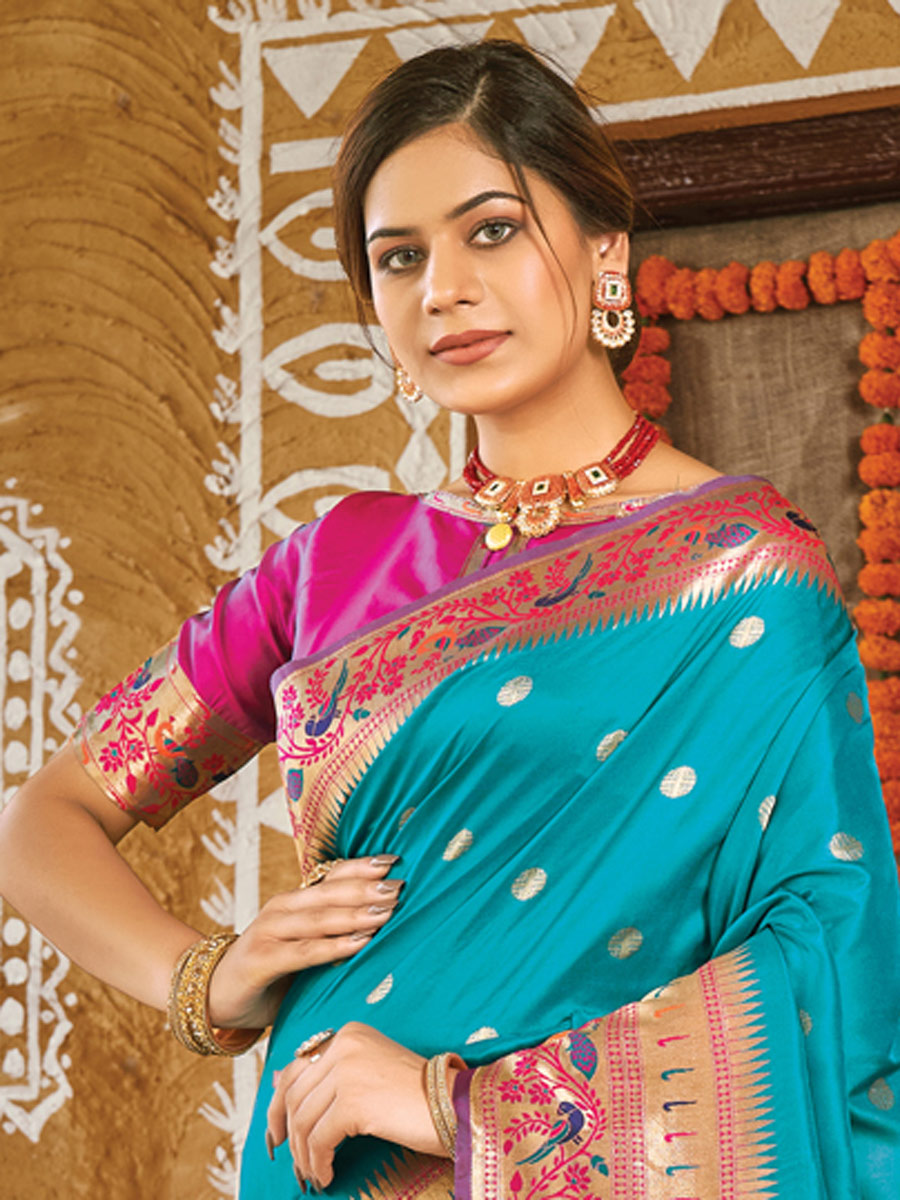 Teal Blue Banarasi Silk Handwoven Festival Saree