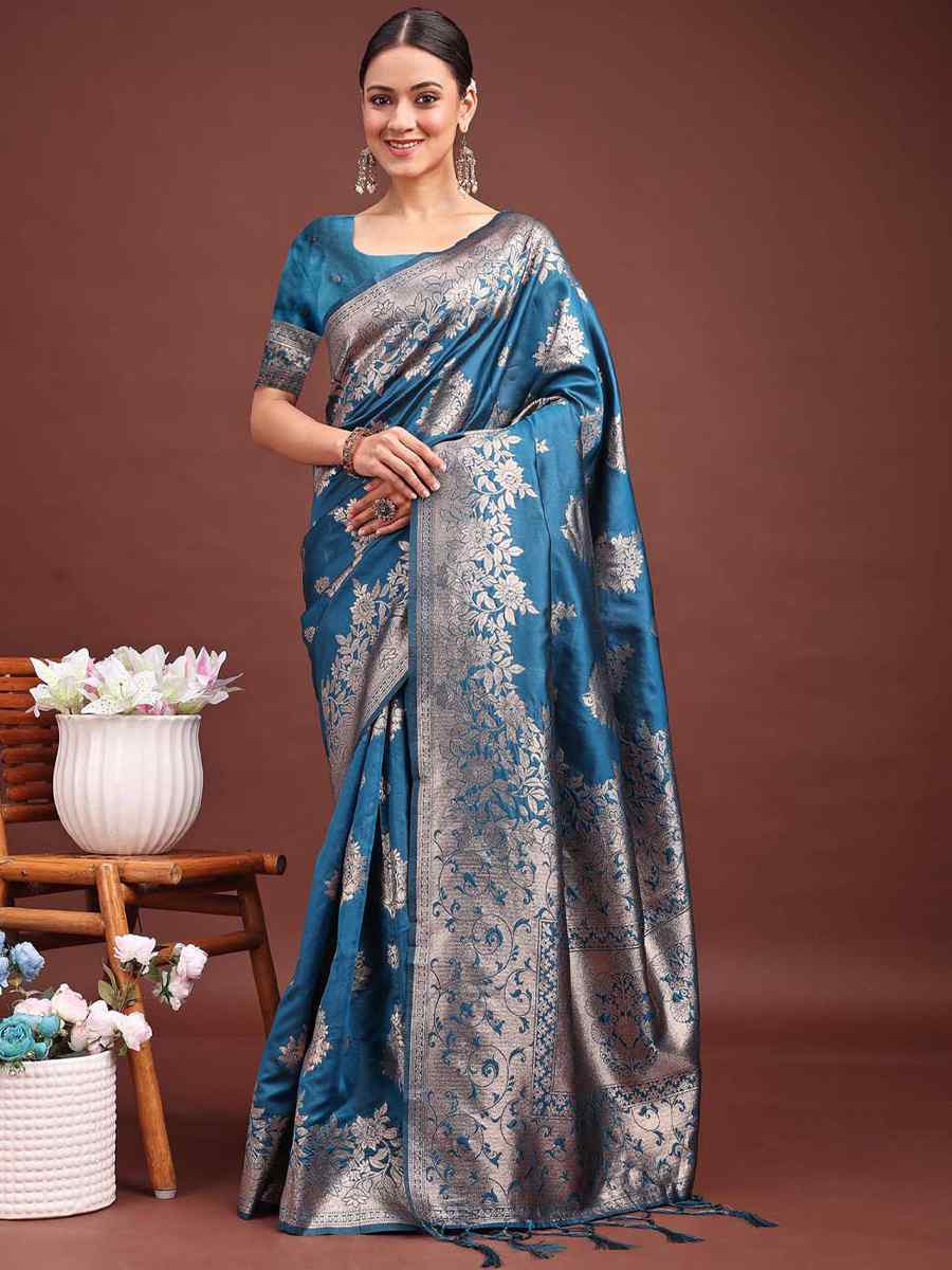 Teal Blue Banarasi Silk Handwoven Festival Wedding Fancy Heavy Border Saree