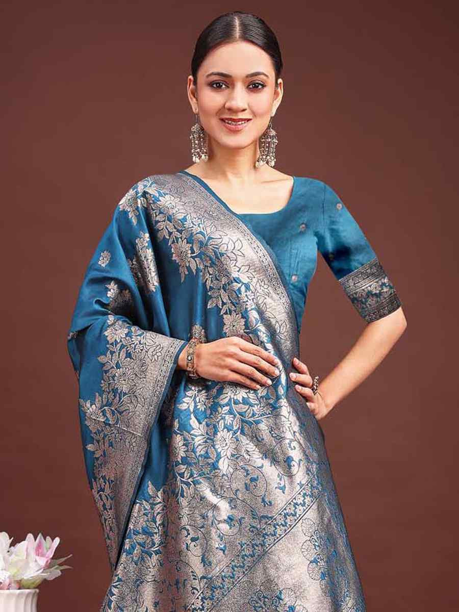 Teal Blue Banarasi Silk Handwoven Festival Wedding Fancy Heavy Border Saree