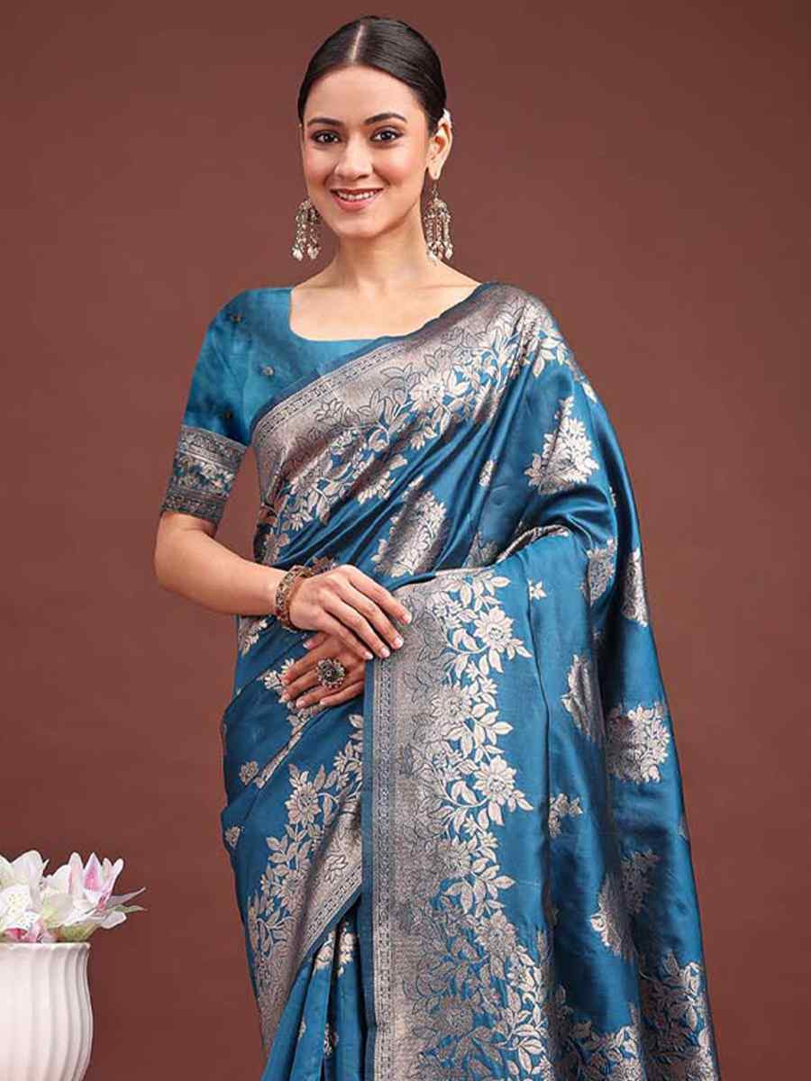 Teal Blue Banarasi Silk Handwoven Festival Wedding Fancy Heavy Border Saree