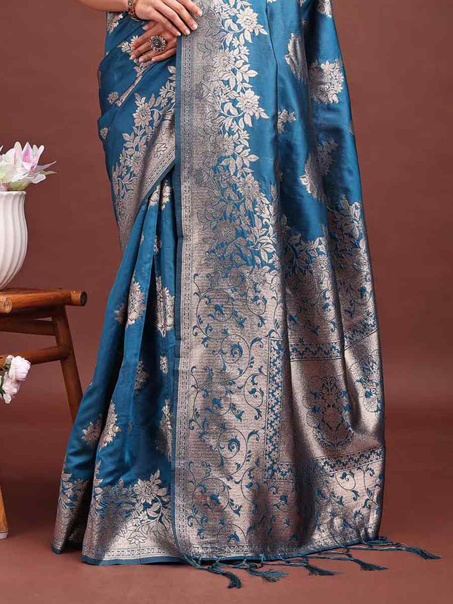 Teal Blue Banarasi Silk Handwoven Festival Wedding Fancy Heavy Border Saree