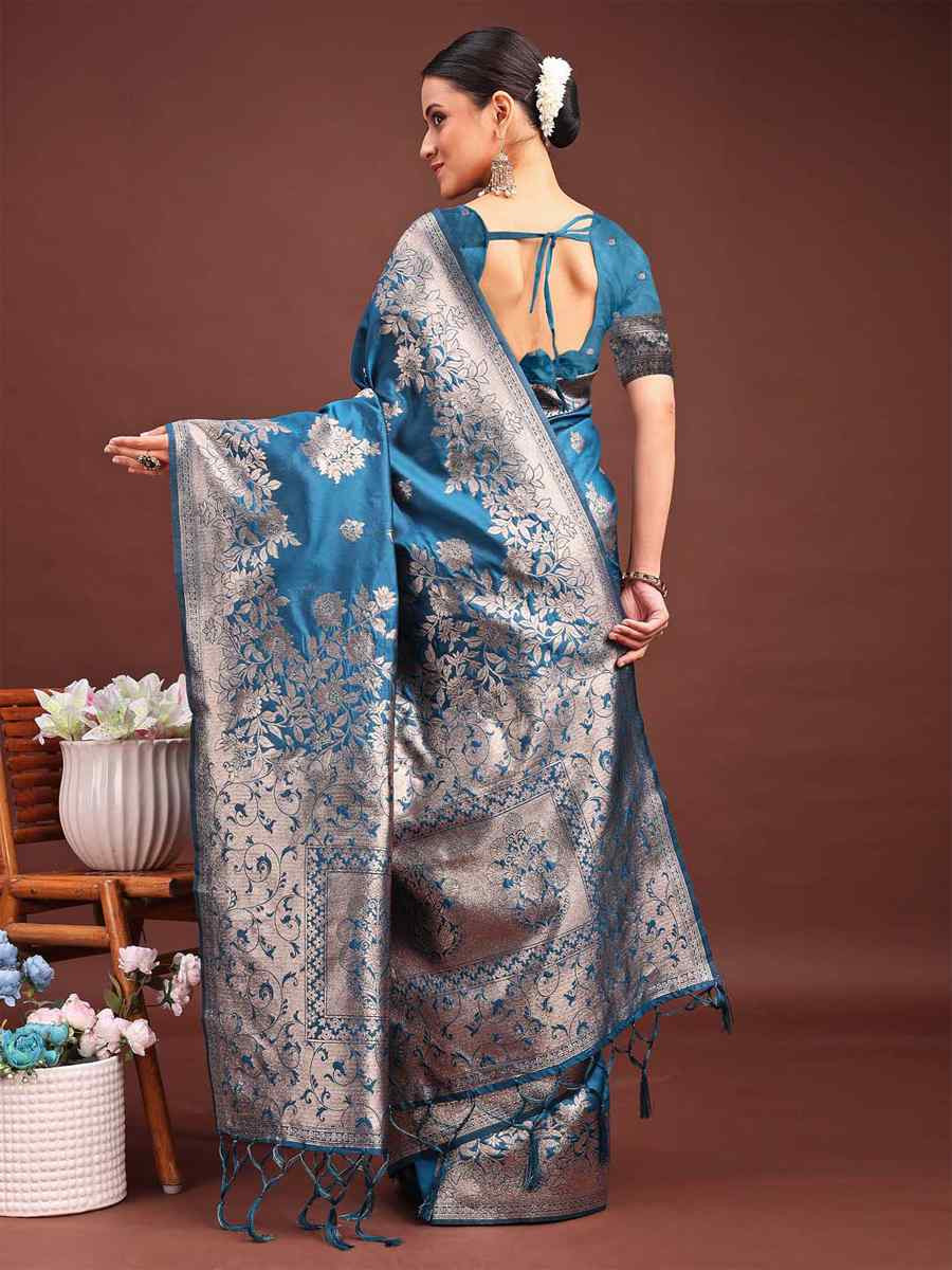 Teal Blue Banarasi Silk Handwoven Festival Wedding Fancy Heavy Border Saree