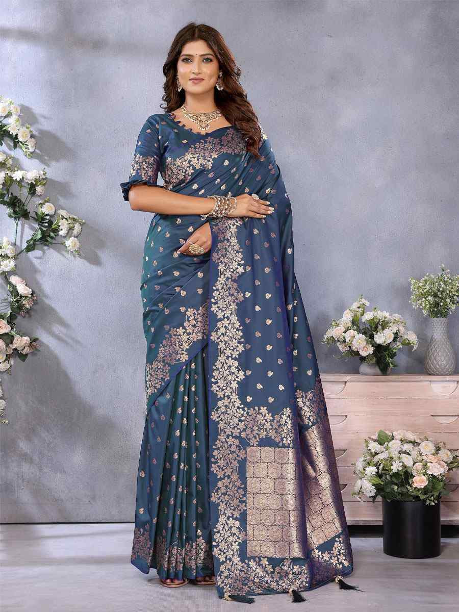 Teal Blue Banarasi Silk Handwoven Traditional Bridal Reception Festival Wedding Fancy Heavy Border Saree