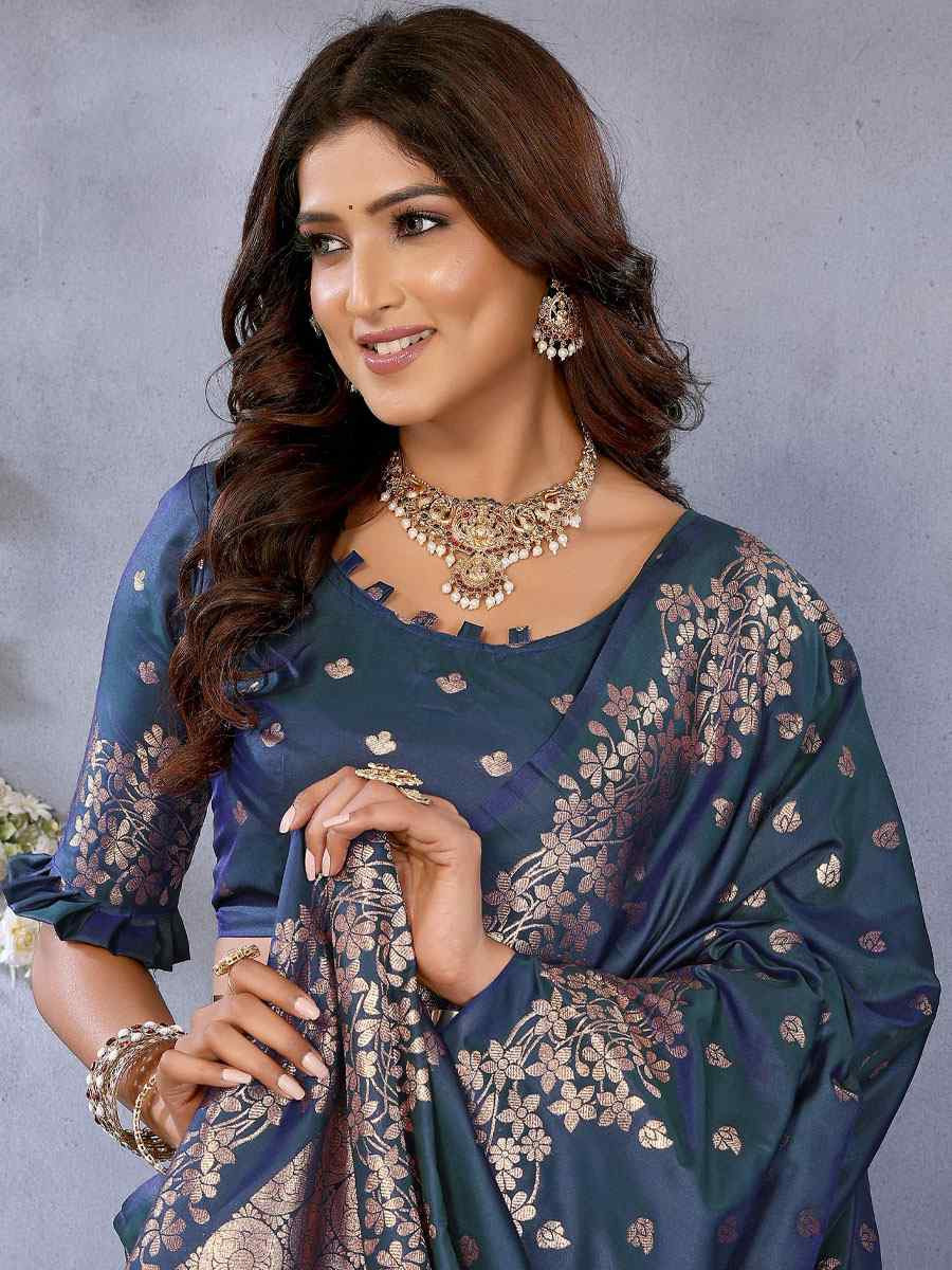 Teal Blue Banarasi Silk Handwoven Traditional Bridal Reception Festival Wedding Fancy Heavy Border Saree