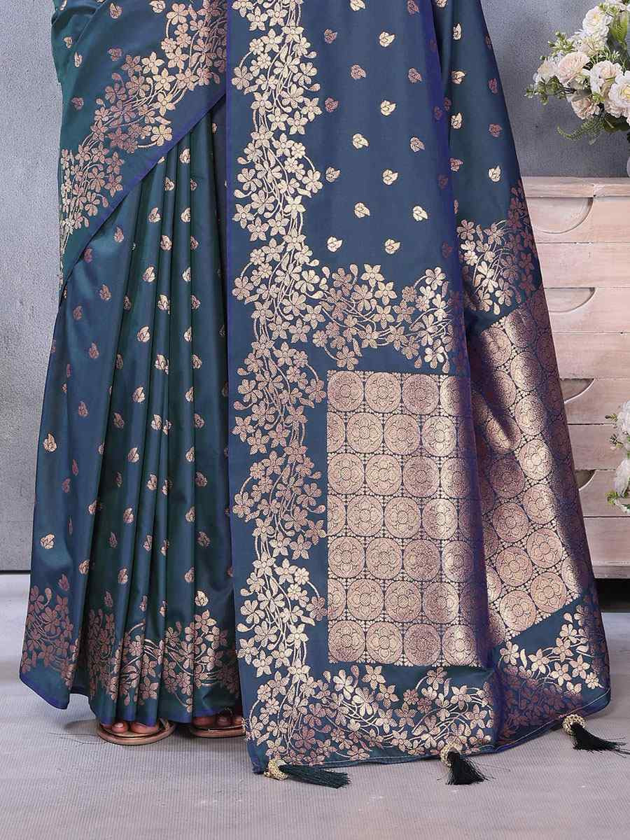 Teal Blue Banarasi Silk Handwoven Traditional Bridal Reception Festival Wedding Fancy Heavy Border Saree
