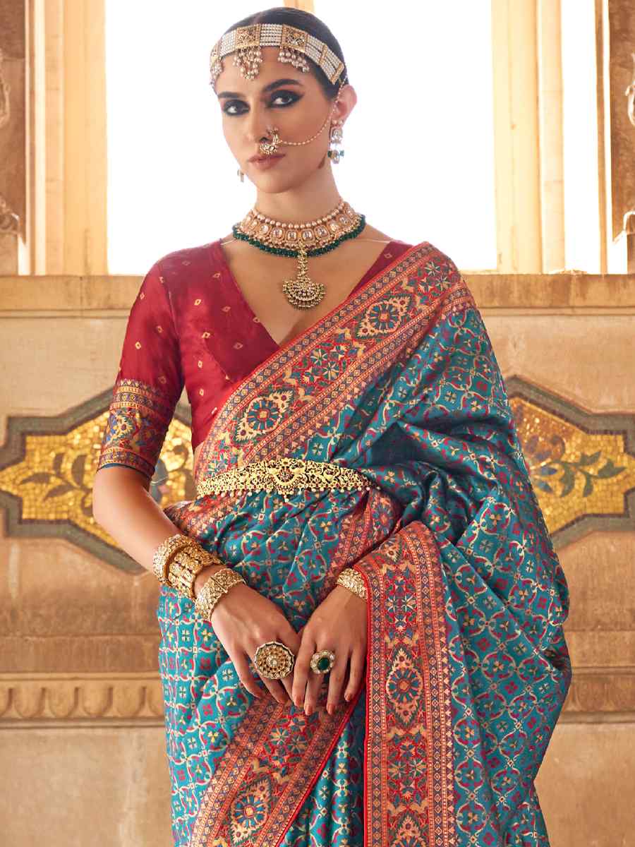 Teal Blue Banarasi Silk Handwoven Wedding Festival Heavy Border Saree