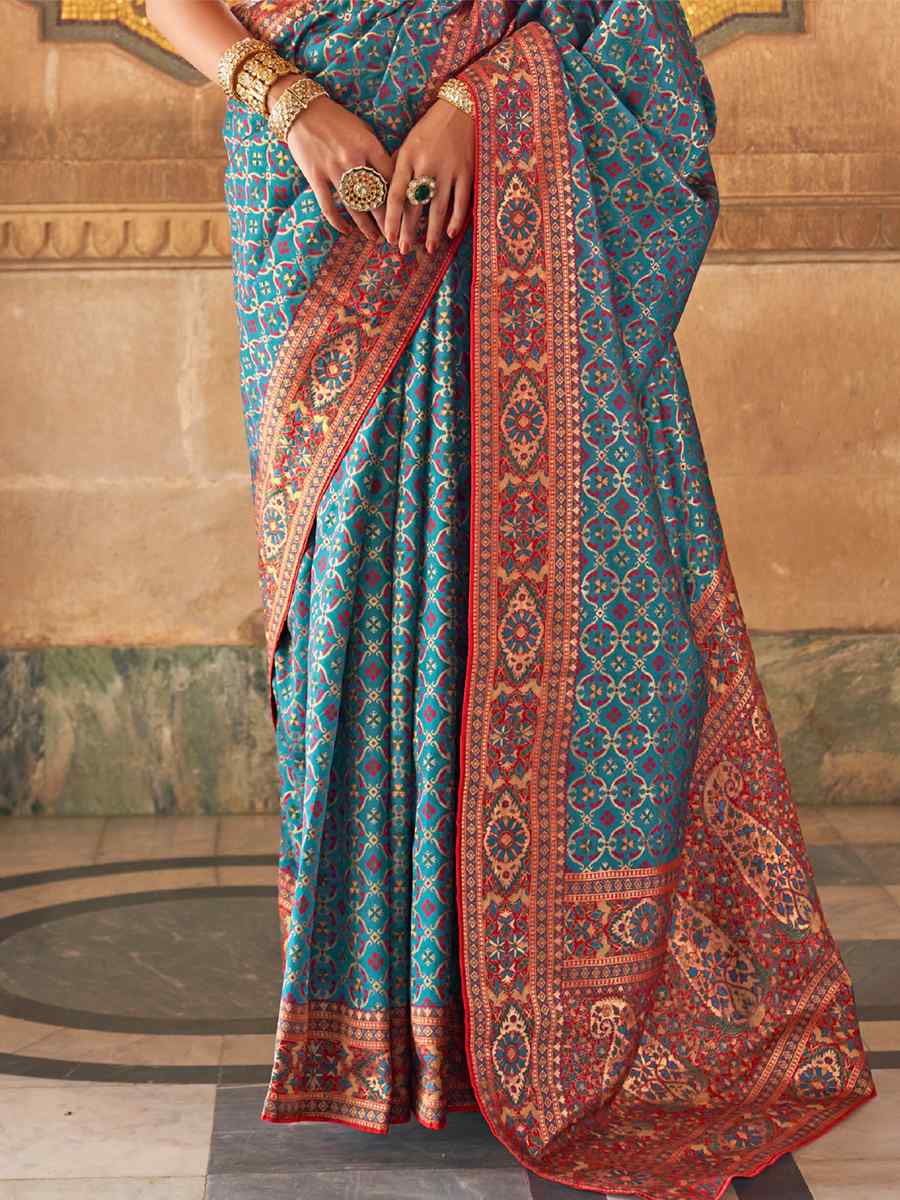 Teal Blue Banarasi Silk Handwoven Wedding Festival Heavy Border Saree
