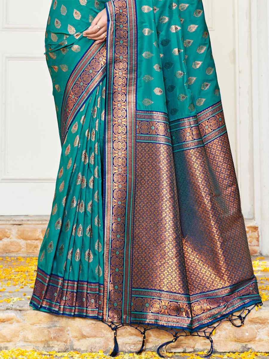 Teal Blue Banarasi Silk Handwoven Wedding Festival Heavy Border Saree