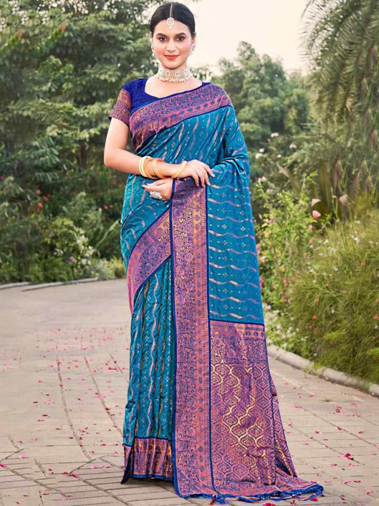 Teal Blue Banarasi Silk Handwoven Wedding Festival Heavy Border Saree