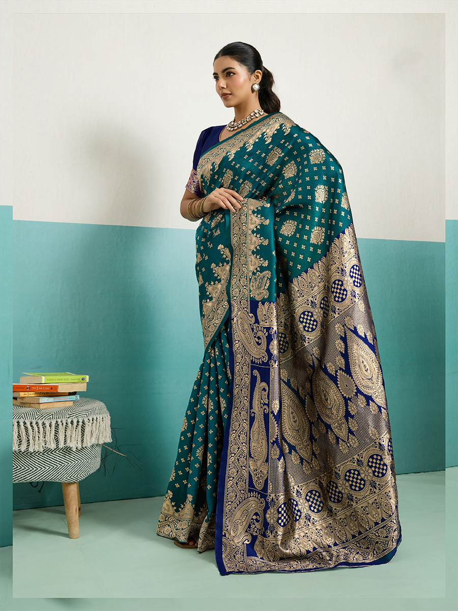 Teal Blue Banarasi Silk Zari Kanjivaram Handwoven Wedding Party Festival Reception Heavy Border Saree