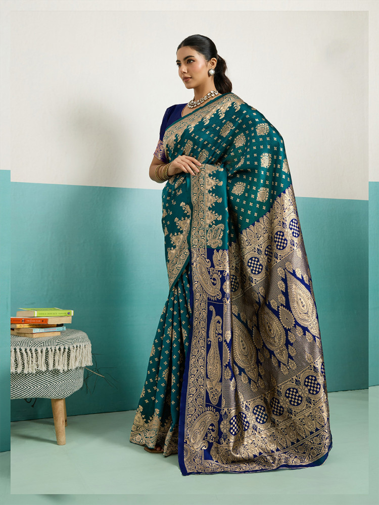 Image of Teal Blue Banarasi Silk Zari Kanjivaram Handwoven Wedding Party Festival Reception Heavy Border Saree