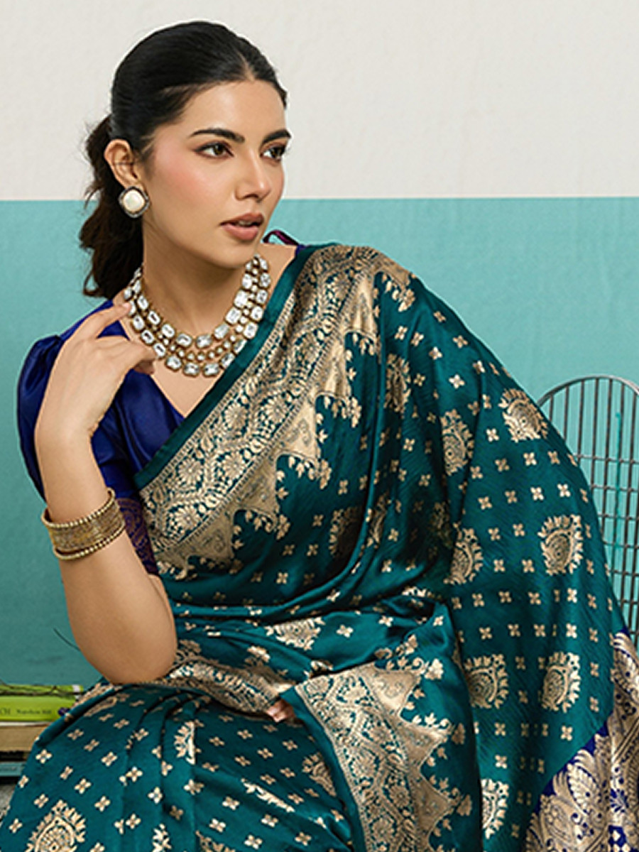 Teal Blue Banarasi Silk Zari Kanjivaram Handwoven Wedding Party Festival Reception Heavy Border Saree