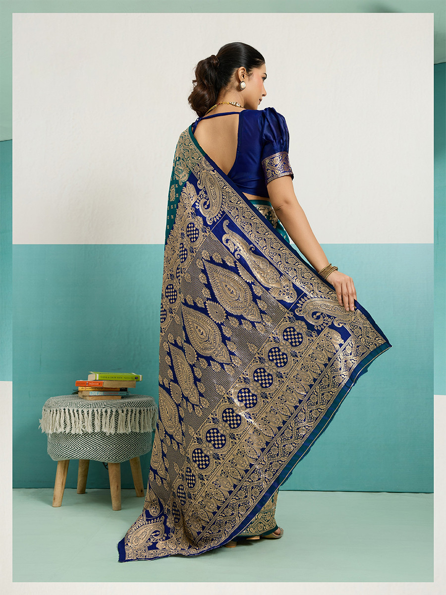 Teal Blue Banarasi Silk Zari Kanjivaram Handwoven Wedding Party Festival Reception Heavy Border Saree
