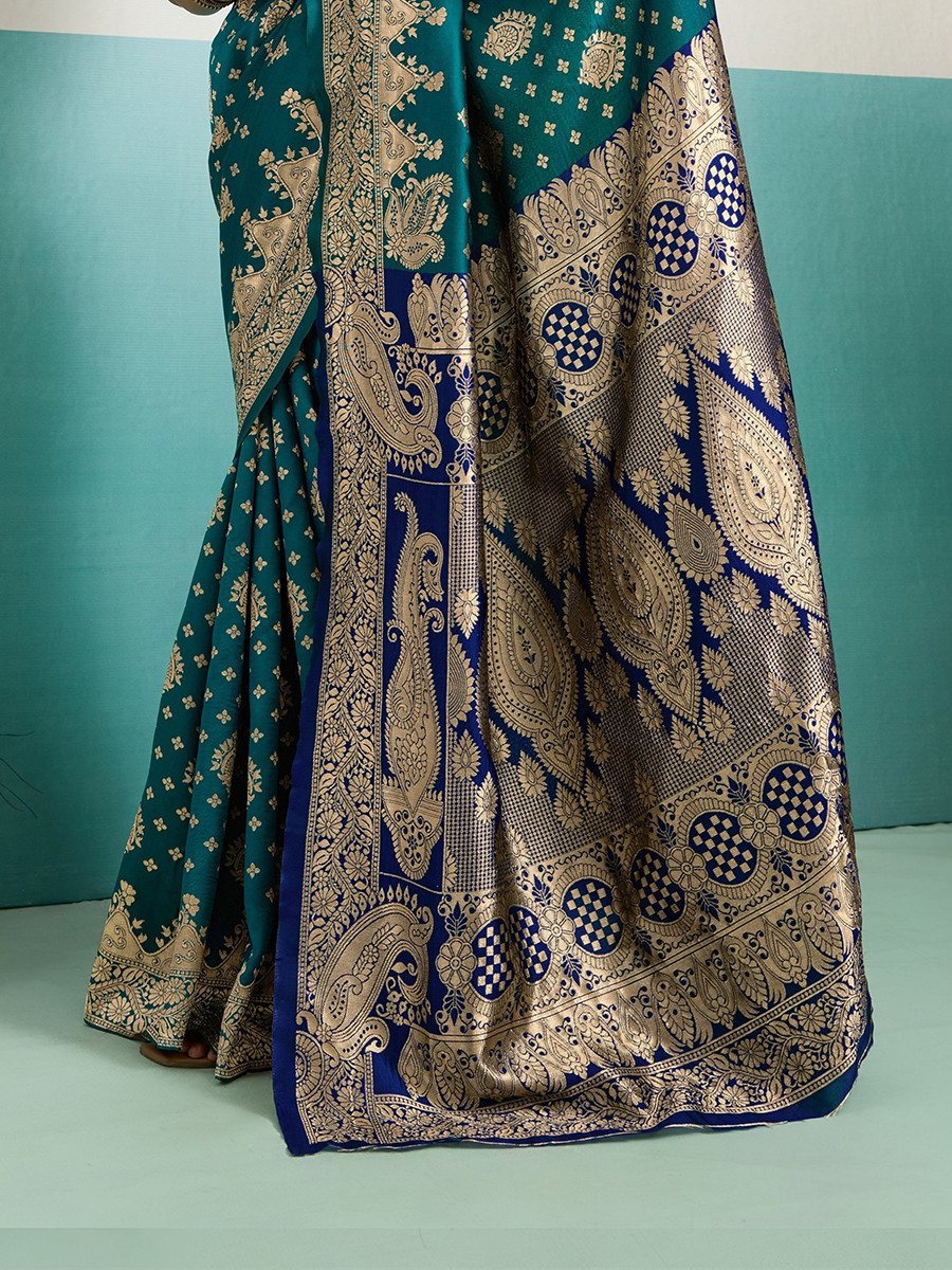 Teal Blue Banarasi Silk Zari Kanjivaram Handwoven Wedding Party Festival Reception Heavy Border Saree