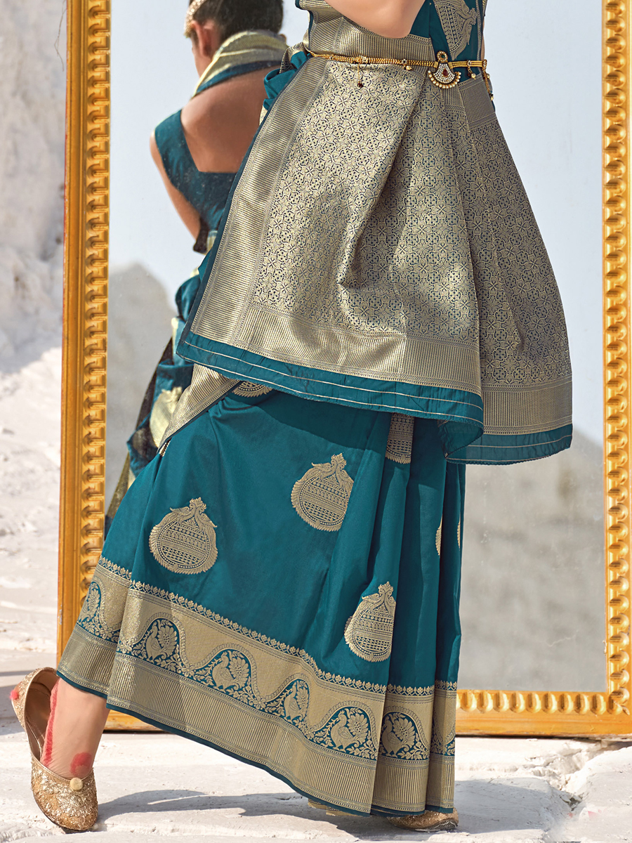 Teal Blue Banarasi Soft Silk Handwoven Festival Saree