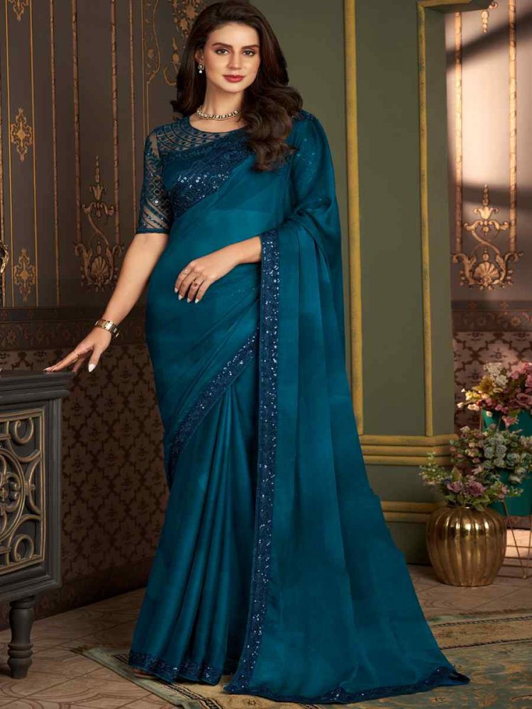 Teal Blue Banlogry Silk Embroidered Party Reception Heavy Border Saree