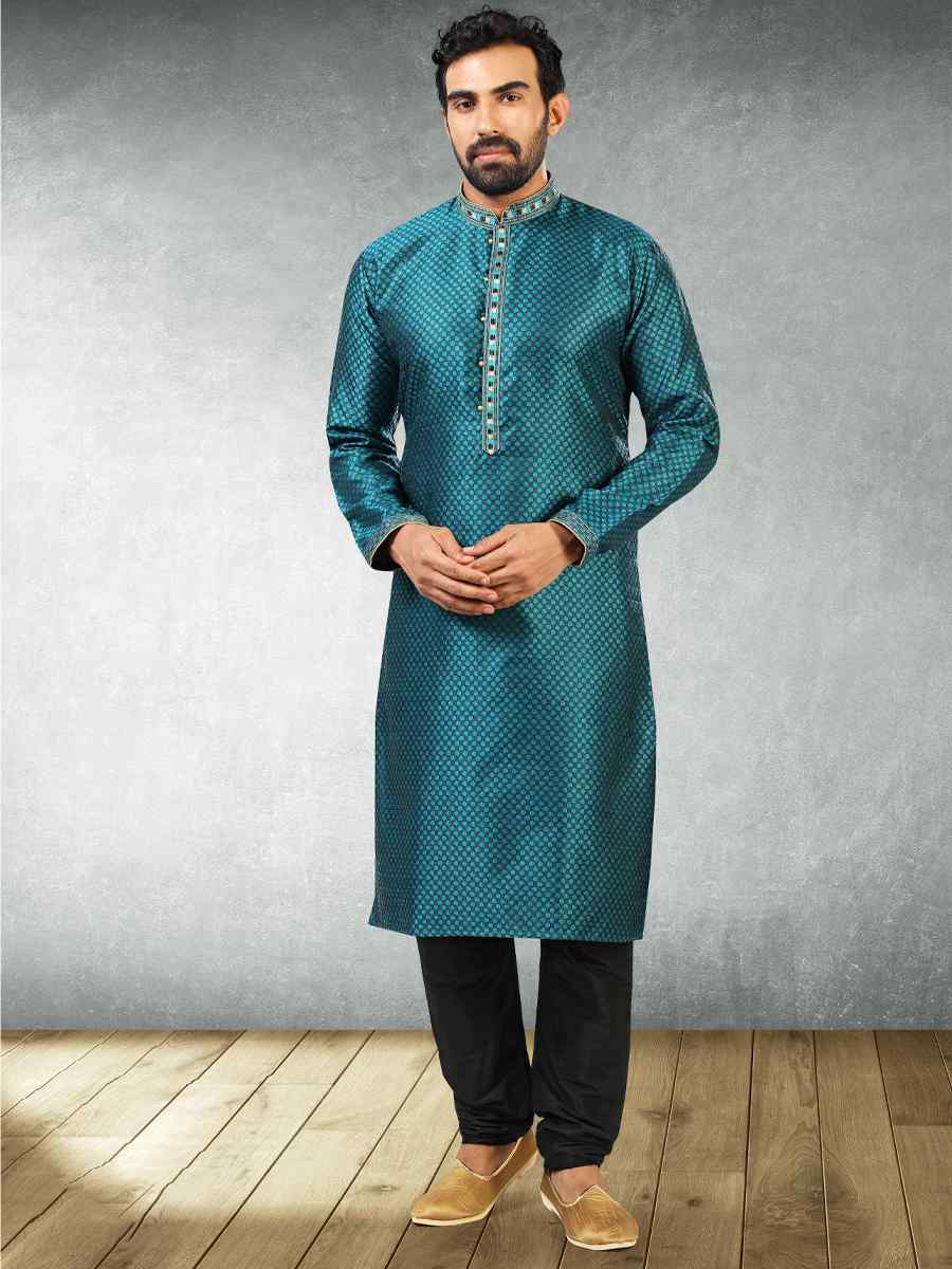 Teal Blue Black Jacquard Silk Brocade Woven Party Churidar Kurta