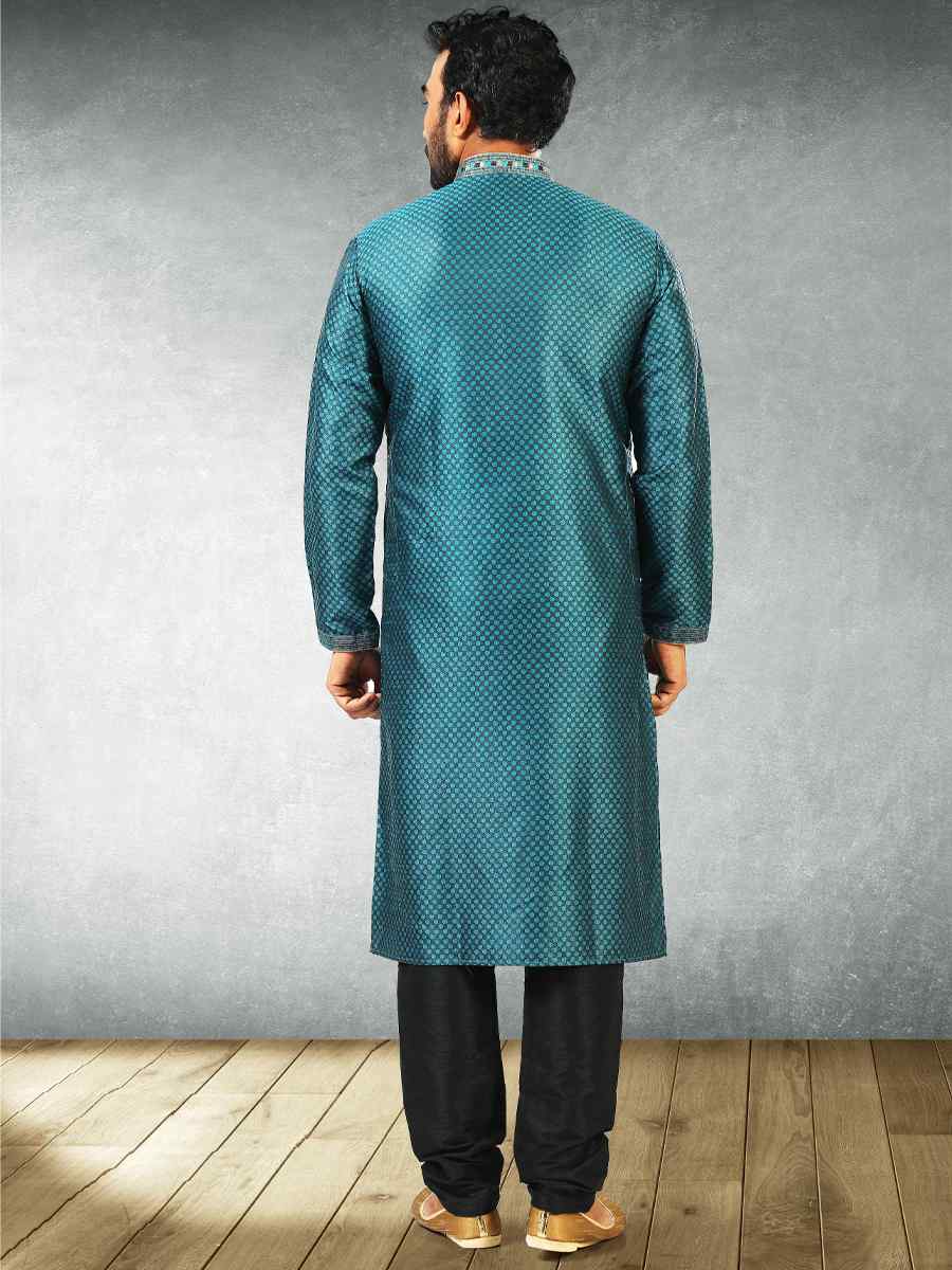 Teal Blue Black Jacquard Silk Brocade Woven Party Churidar Kurta