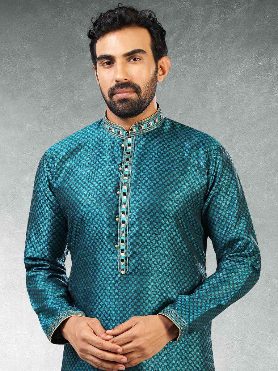 Teal Blue Black Jacquard Silk Brocade Woven Party Churidar Kurta