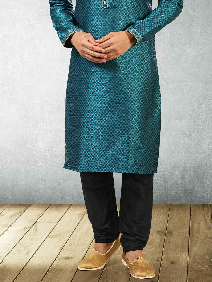 Teal Blue Black Jacquard Silk Brocade Woven Party Churidar Kurta