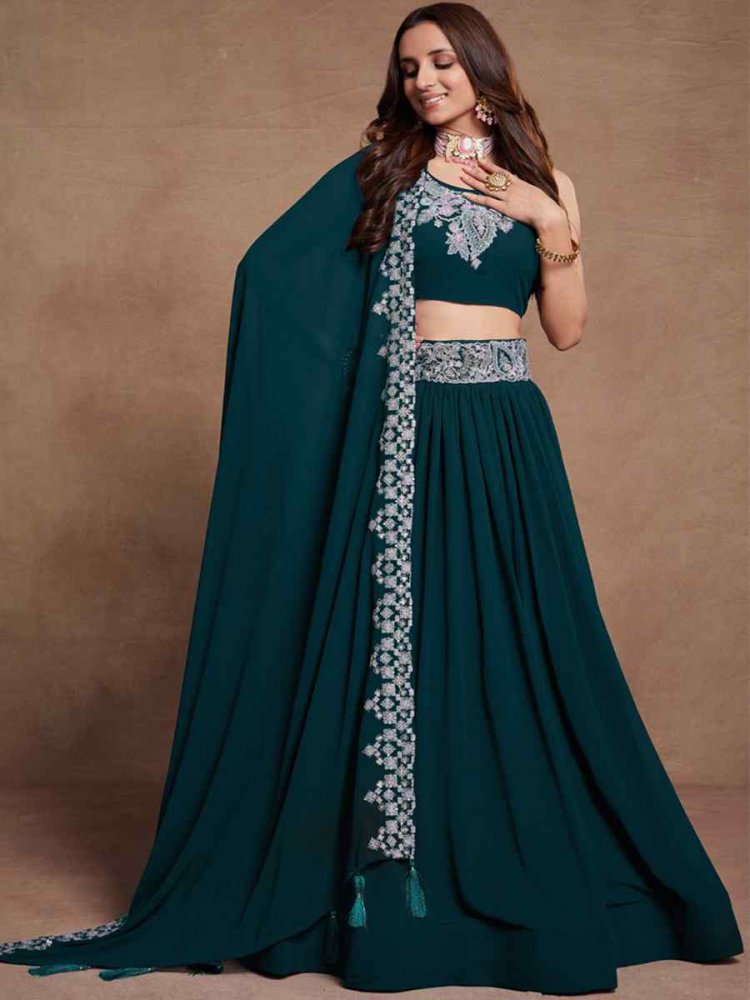 Teal Blue Blooming Georgette Embroidered Festival Wedding Circular Lehenga Choli