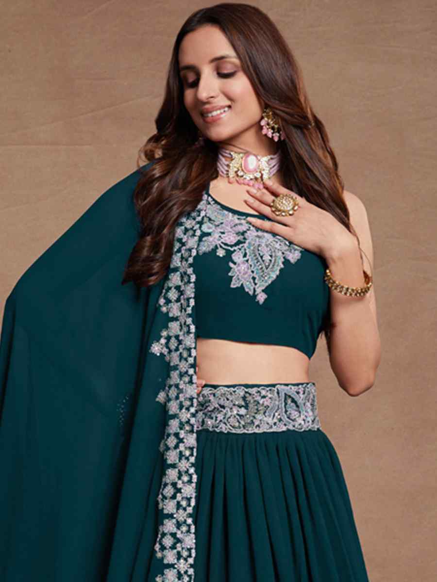 Teal Blue Blooming Georgette Embroidered Festival Wedding Circular Lehenga Choli