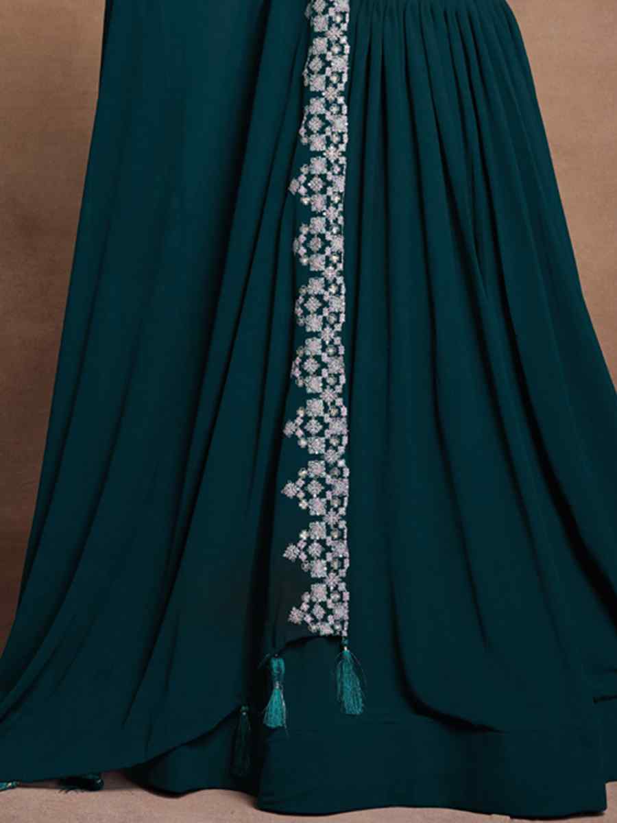 Teal Blue Blooming Georgette Embroidered Festival Wedding Circular Lehenga Choli