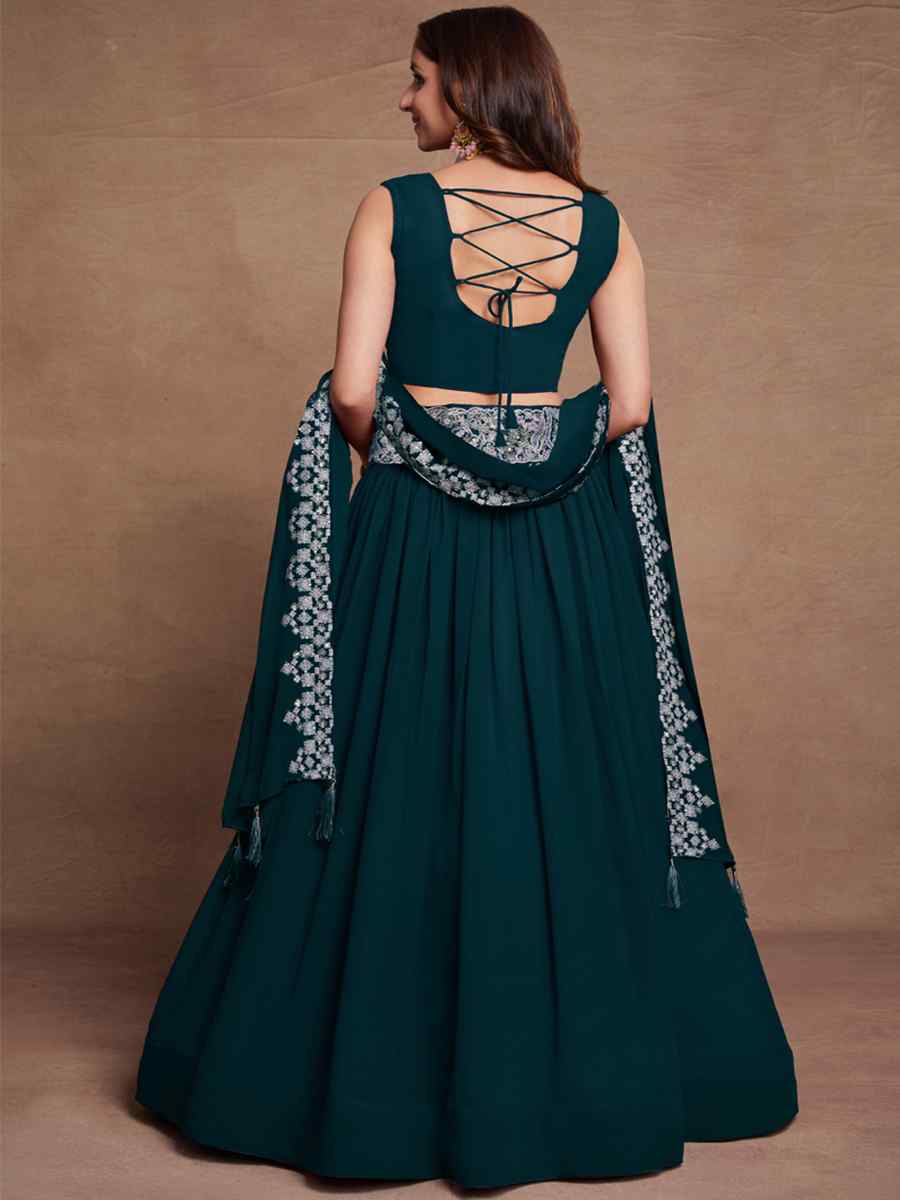 Teal Blue Blooming Georgette Embroidered Festival Wedding Circular Lehenga Choli