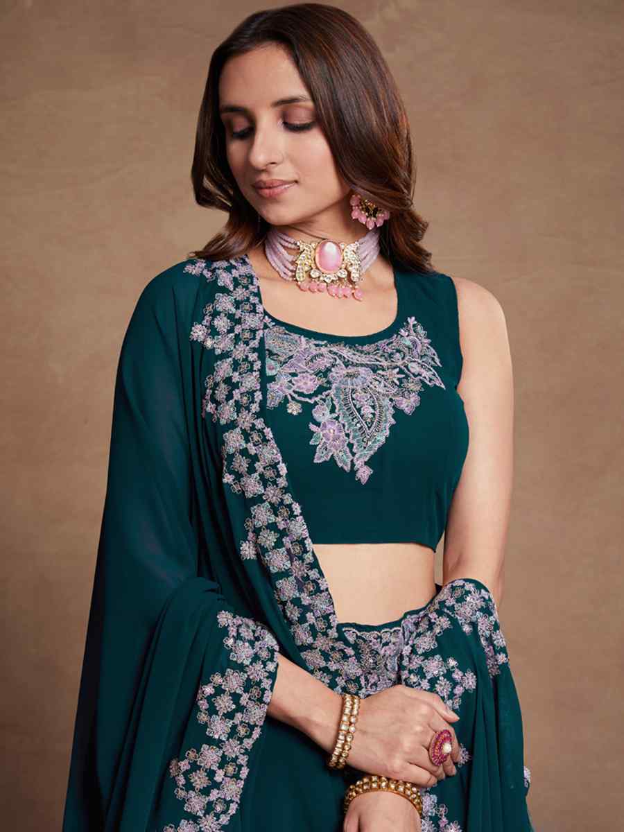 Teal Blue Blooming Georgette Embroidered Festival Wedding Circular Lehenga Choli