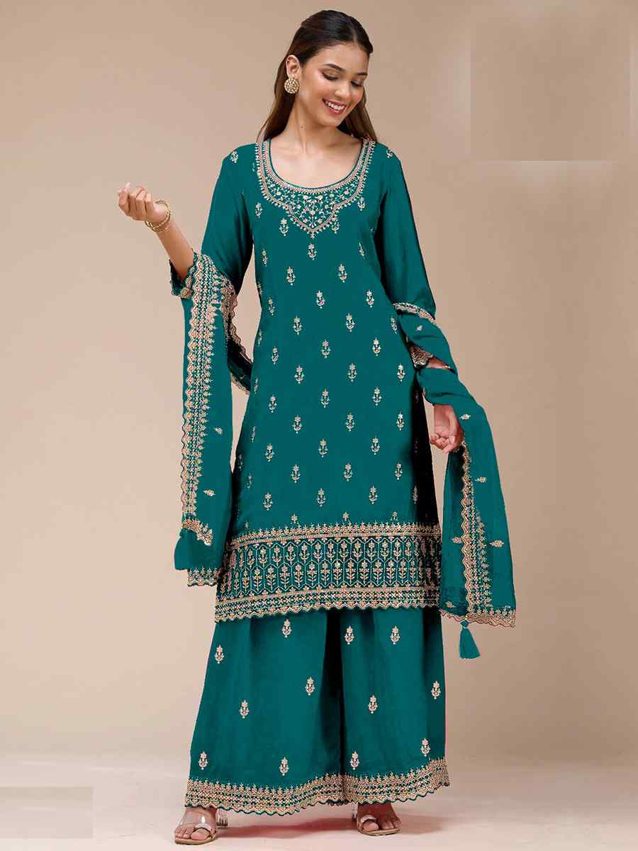 Teal Blue Blooming Georgette Embroidered Festival Wedding Palazzo Pant Salwar Kameez