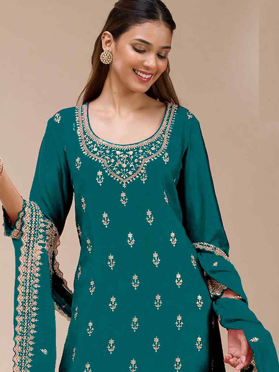 Teal Blue Blooming Georgette Embroidered Festival Wedding Palazzo Pant Salwar Kameez