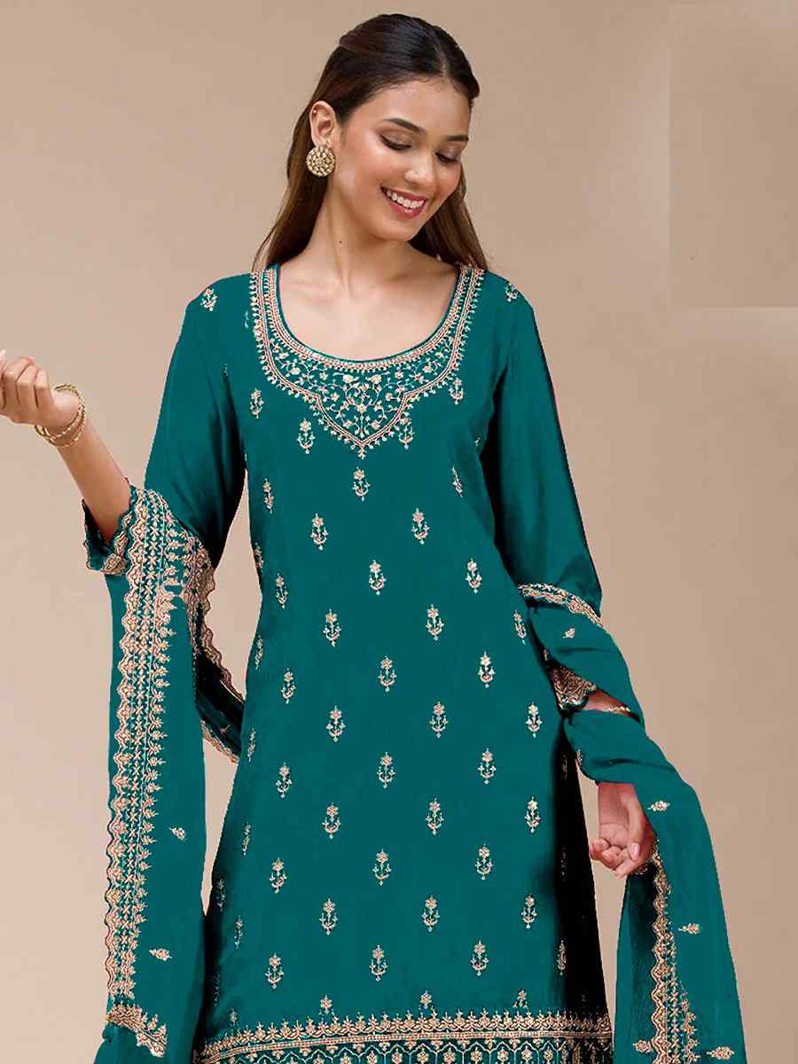 Teal Blue Blooming Georgette Embroidered Festival Wedding Palazzo Pant Salwar Kameez