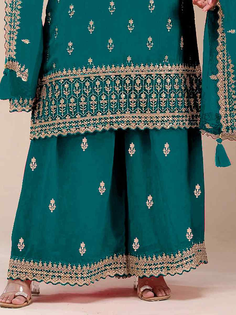 Teal Blue Blooming Georgette Embroidered Festival Wedding Palazzo Pant Salwar Kameez