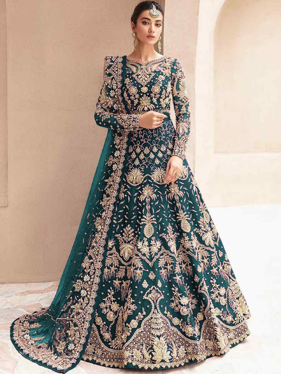 Teal Blue Butterfly Net Embroidered Festival Wedding Anarkali Salwar Kameez