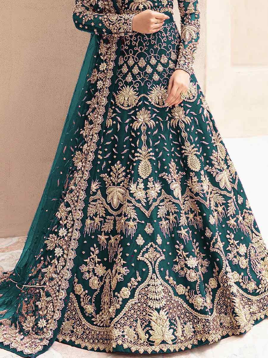 Teal Blue Butterfly Net Embroidered Festival Wedding Anarkali Salwar Kameez