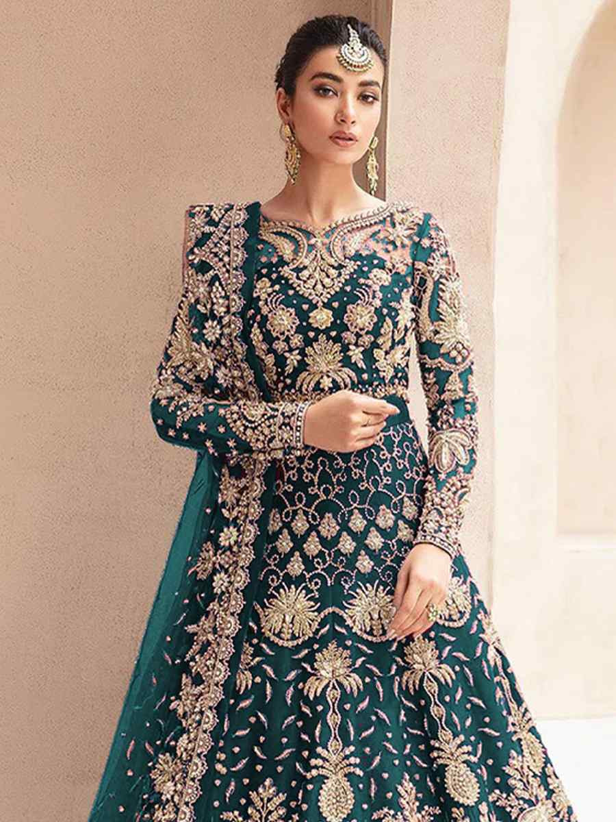 Teal Blue Butterfly Net Embroidered Festival Wedding Anarkali Salwar Kameez