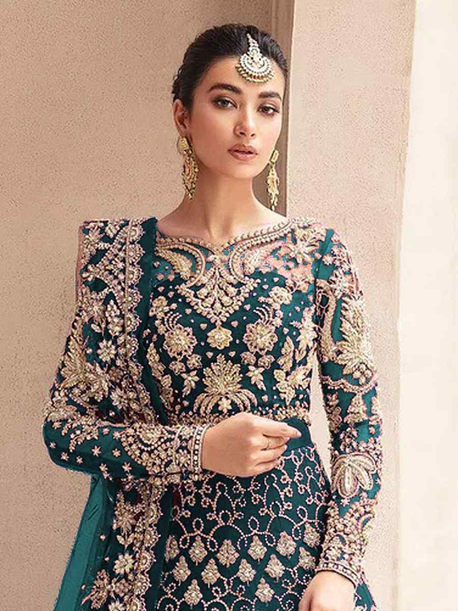 Teal Blue Butterfly Net Embroidered Festival Wedding Anarkali Salwar Kameez