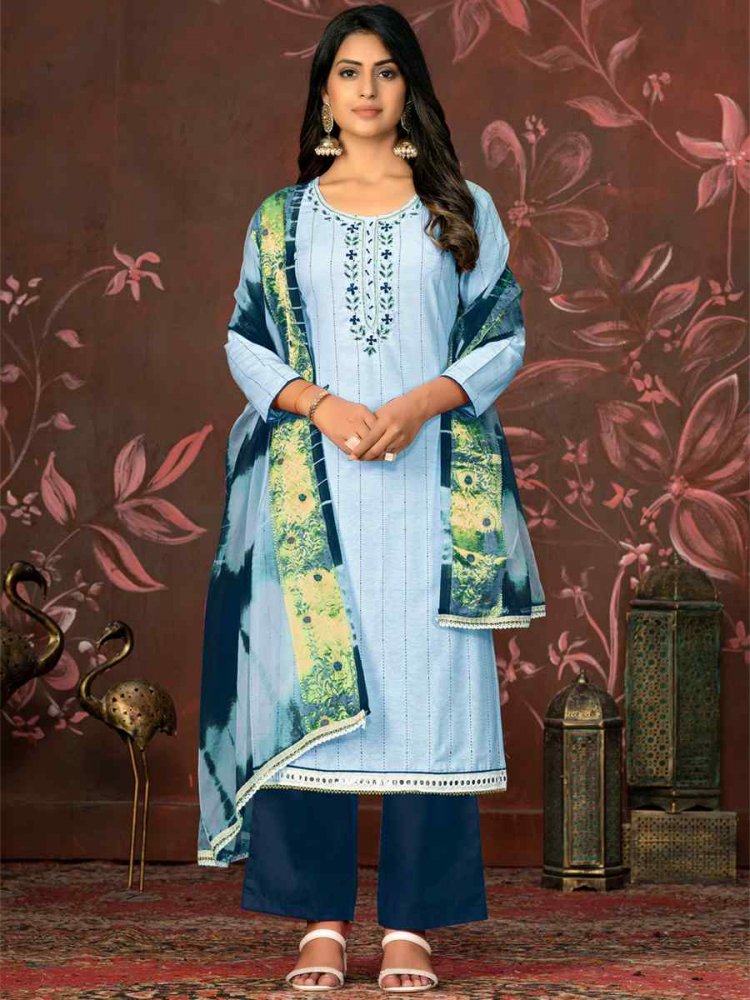 Teal Blue Cembric Cotton Embroidered Casual Festival Pant Salwar Kameez