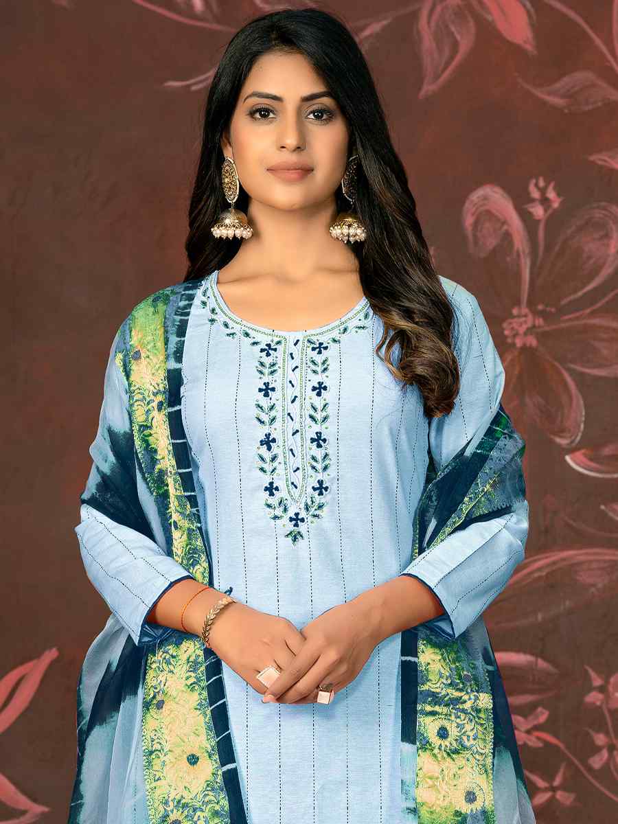 Teal Blue Cembric Cotton Embroidered Casual Festival Pant Salwar Kameez