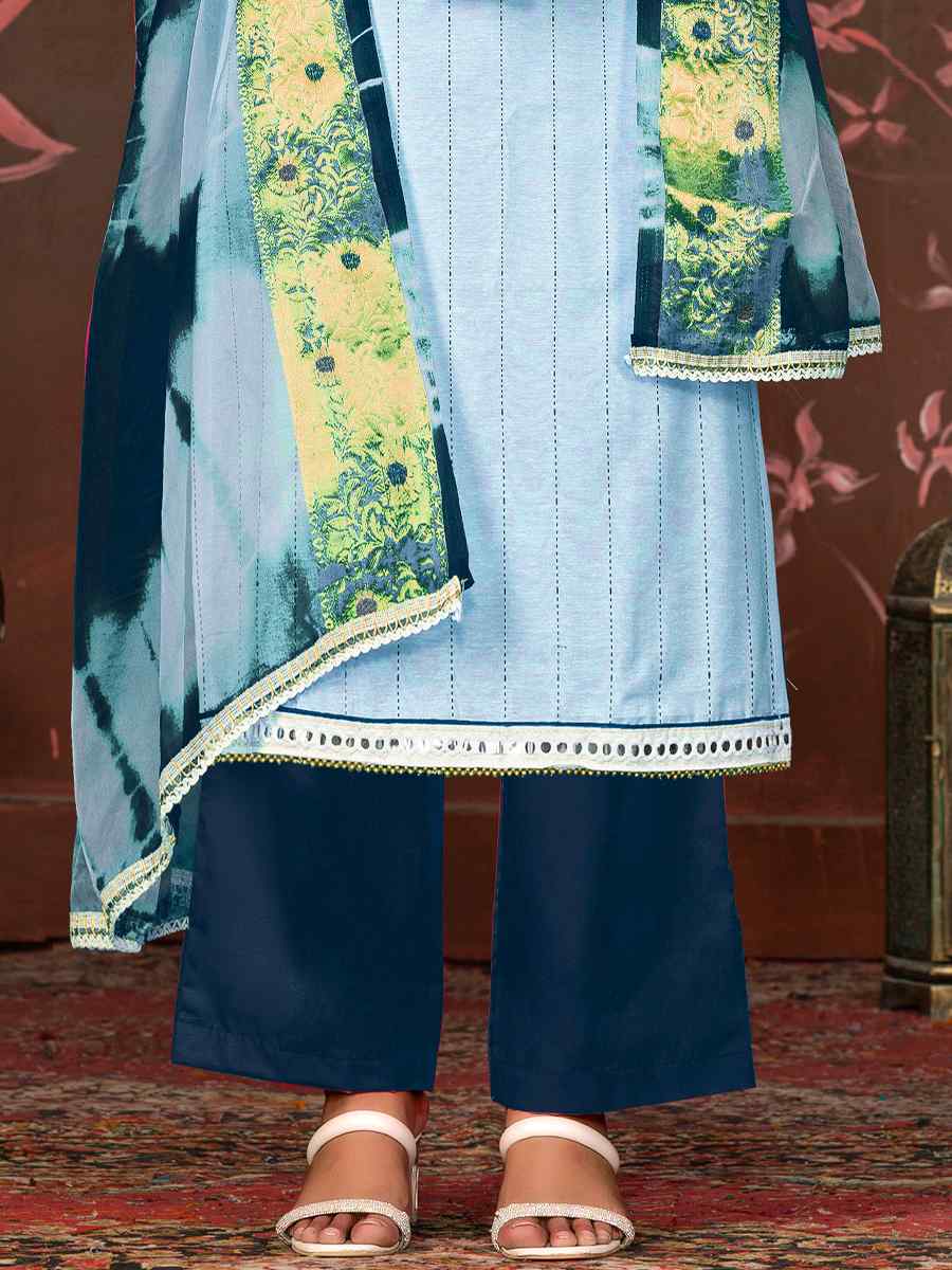 Teal Blue Cembric Cotton Embroidered Casual Festival Pant Salwar Kameez