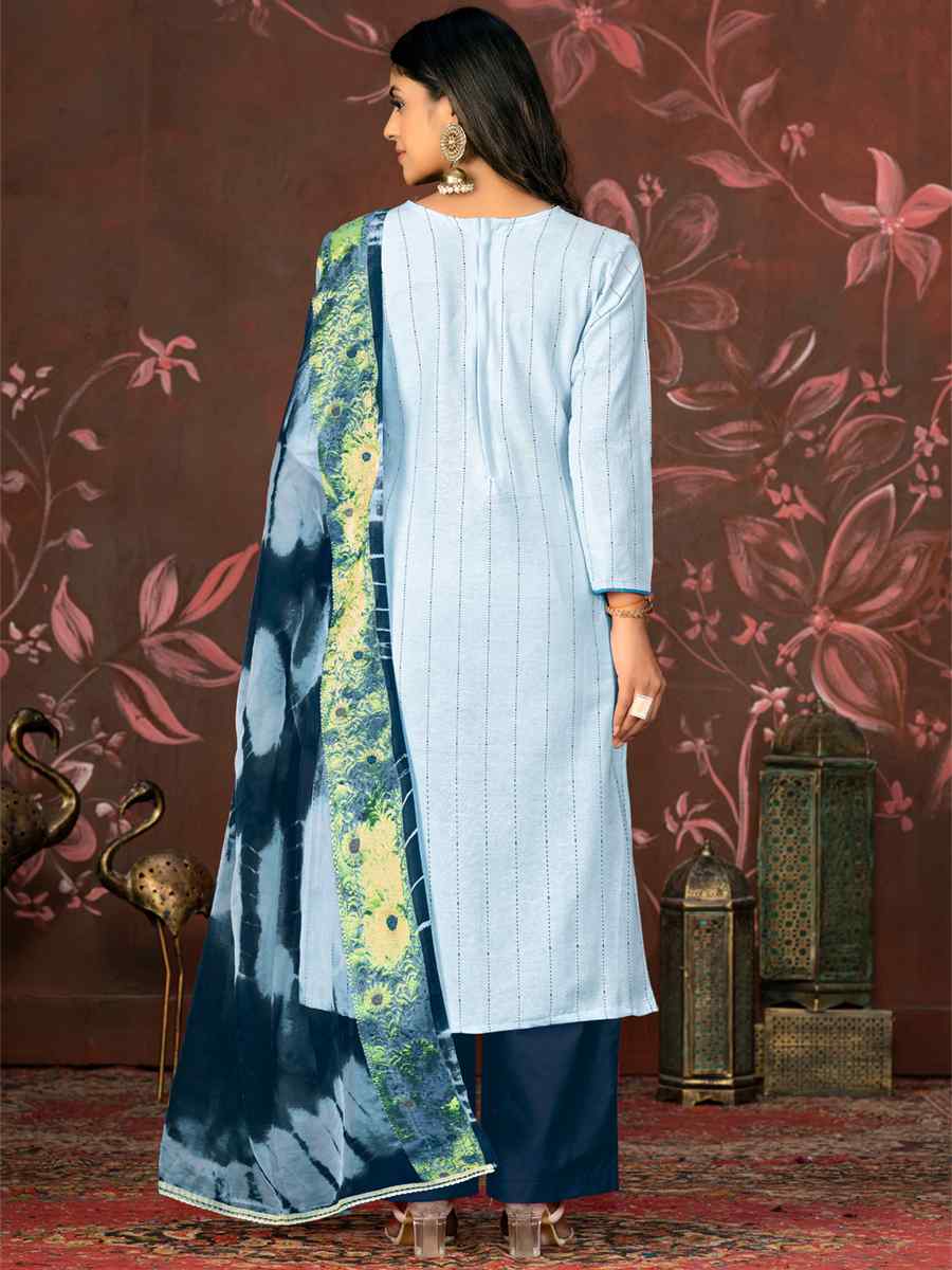 Teal Blue Cembric Cotton Embroidered Casual Festival Pant Salwar Kameez