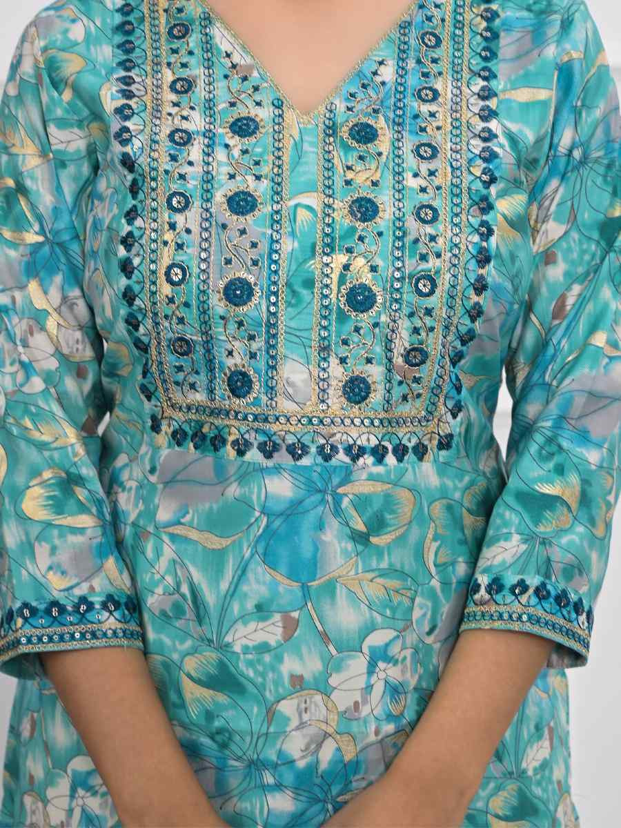 Teal Blue Chanderi Printed Festival Casual Kurti
