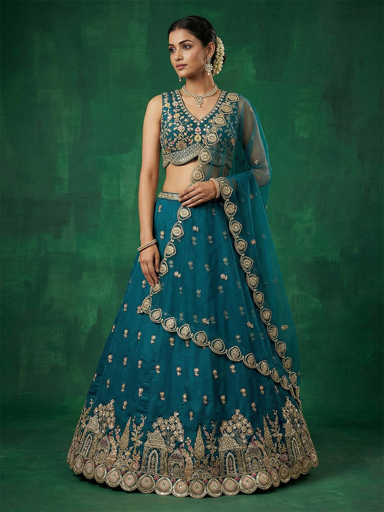 Image of Teal Blue Chinnon Embroidery Zari Sequins Wedding Reception Party Wear Festival Heavy Border Lehenga Choli