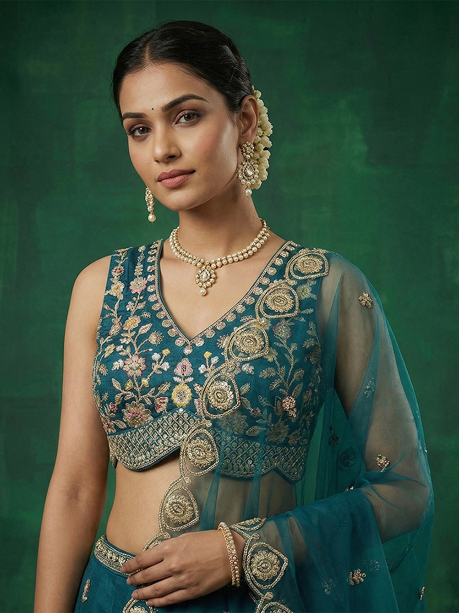 Teal Blue Chinnon Embroidery Zari Sequins Wedding Reception Party Wear Festival Heavy Border Lehenga Choli
