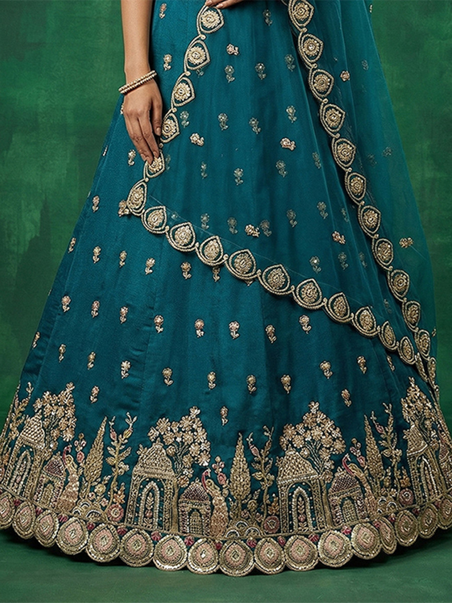 Teal Blue Chinnon Embroidery Zari Sequins Wedding Reception Party Wear Festival Heavy Border Lehenga Choli
