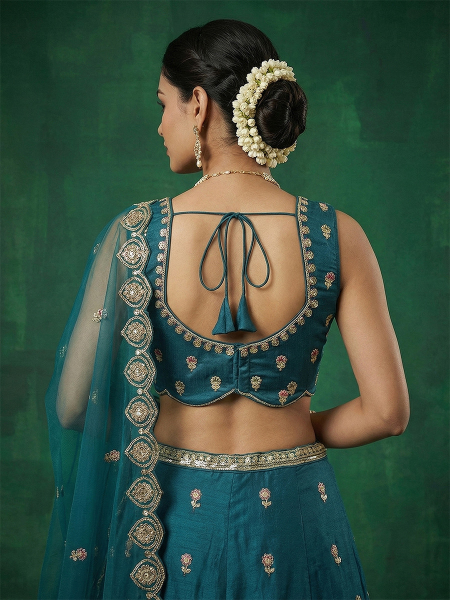 Teal Blue Chinnon Embroidery Zari Sequins Wedding Reception Party Wear Festival Heavy Border Lehenga Choli