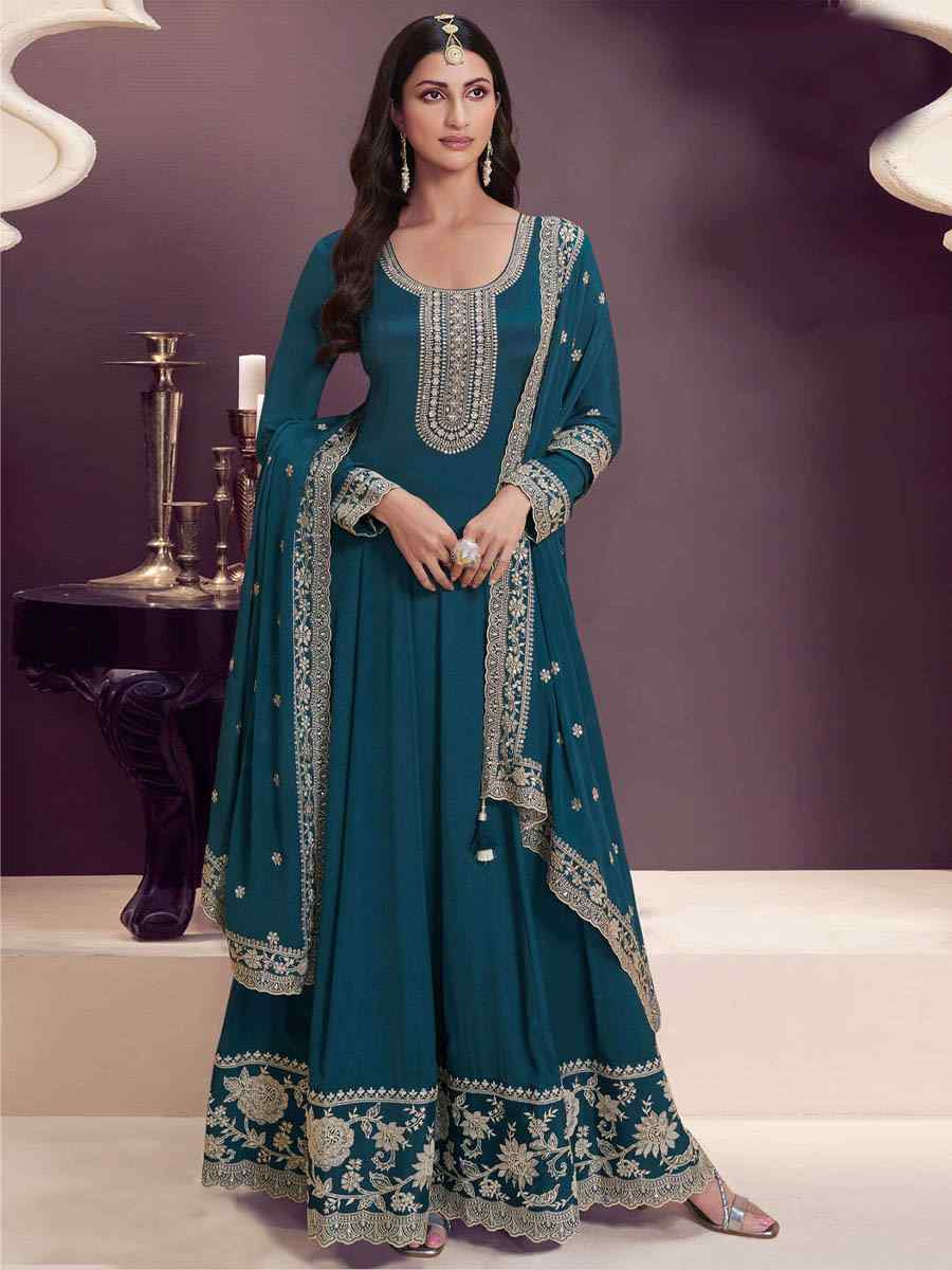 Teal Blue Chinon Embroidered Festival Wedding Anarkali Salwar Kameez